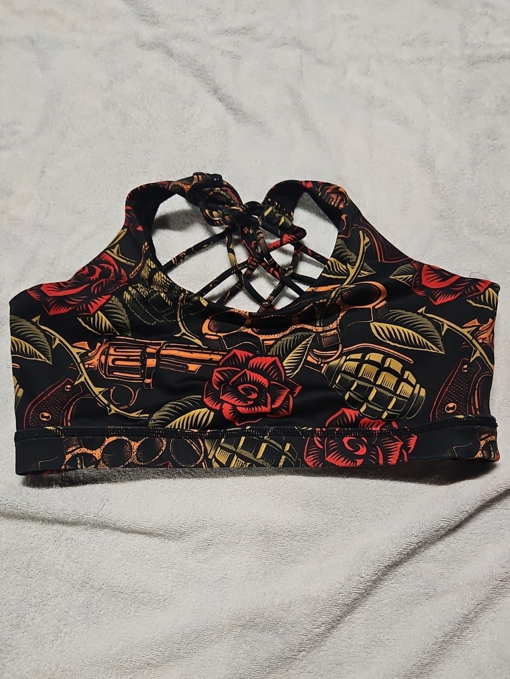 Constantly Varied Gear Black Sports Bra with Red Rose & Gold Accent Print